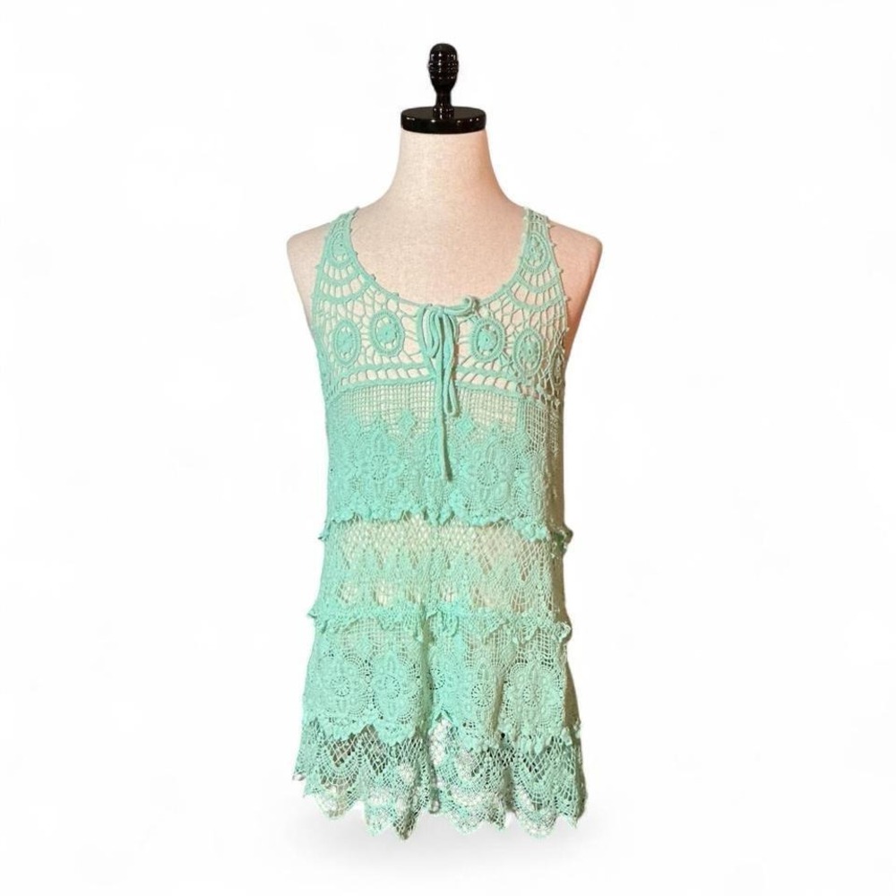 Dasayo Mint Green Crochet Lace Tiered Tank Top Cover‎ Up Fish Net